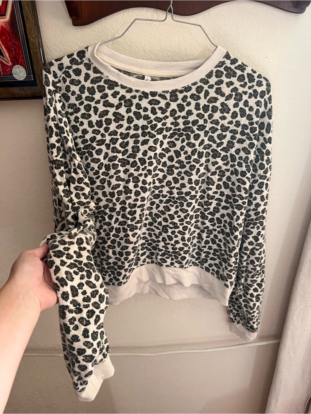 Z Supply Cream and Black Leopard Print Crew Neck Sweater